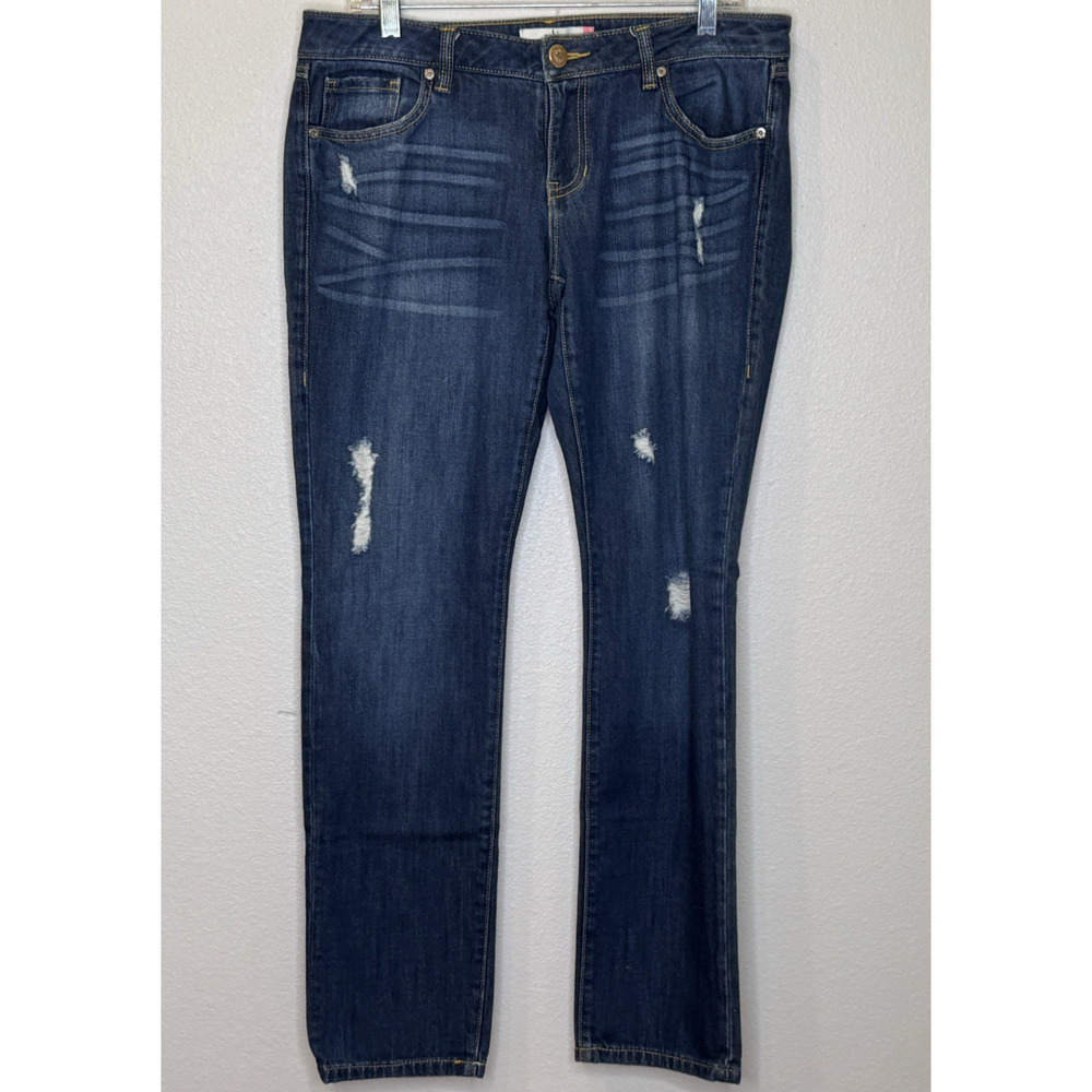 CAbi Slim Boyfriend Jeans Womens Sz 8 Dark Wash Blue Distressed Stretch Mid Rise